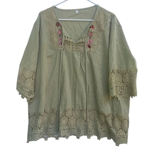 Boho Green Crochet Lace Tunic Top 5XL Floral Embroidered Peasant Blouse Dress - Picture 1 of 7